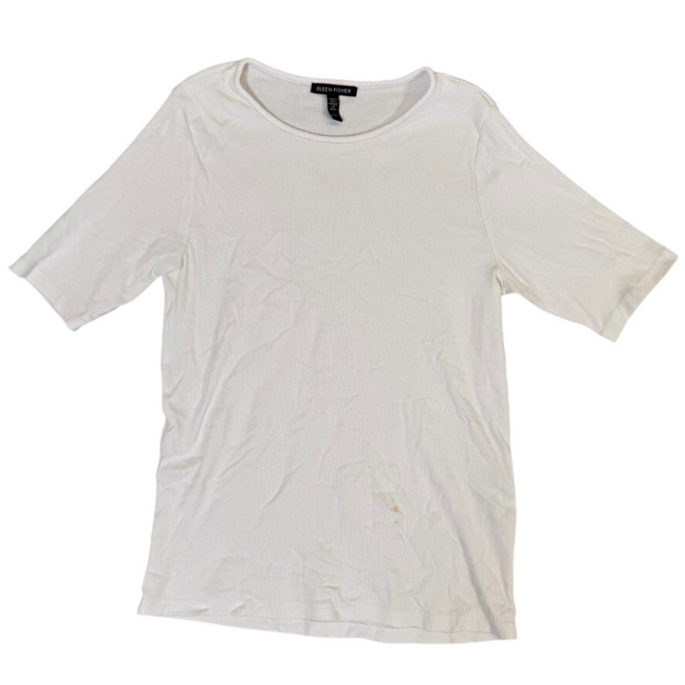 Eileen Fisher White Ribbed Organic Cotton Blend Short Sleeve Top Size M